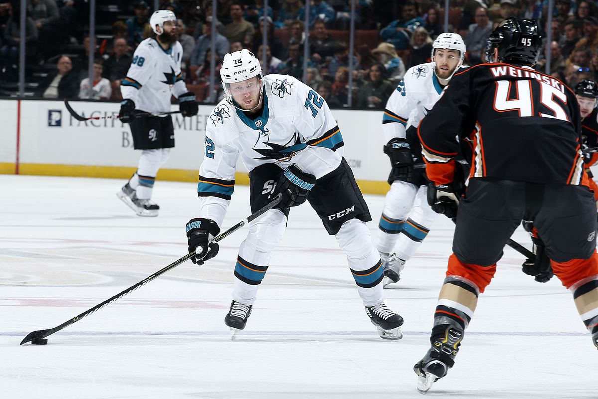 Tim Heed of the San Jose Sharks winds up for a shot with pressure from Andy Welinski of the Anaheim Ducks during the game on March 22, 2019 at Honda Center in Anaheim, California.
