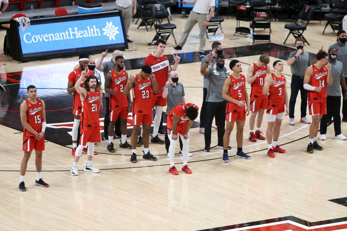 Texas Tech Red Raiders on the court after the game against the West Virginia Mountaineers at United Supermarkets Arena.