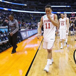 Utah Utes guard Brandon Taylor (11) walks off the court after their NCAA basketball tournament second round in Denver,  Saturday, March 19, 2016. Gonzaga won 82-59. 