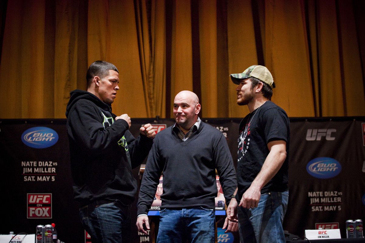 UFC lightweights Nate Diaz (L) and Jim Miller (R) pose with UFC president Dana White at a press conference at Radio City Music Hall on March 06, 2012 in New York City.  (Photo by Michael Nagle/Getty Images)