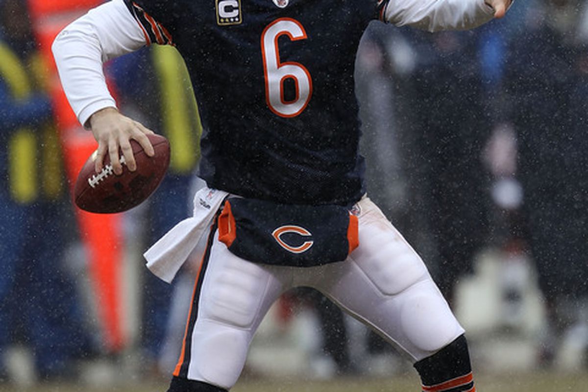 CHICAGO IL - DECEMBER 26: Jay Cutler #6 of the Chicago Bears throws a pass against the New York Jets rushes at Soldier Field on December 26 2010 in Chicago Illinois. The Bears defeated the Jets 38-34.  (Photo by Jonathan Daniel/Getty Images)