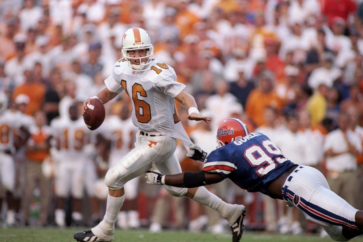 20 Sep 1997: Quarterback Peyton Manning of the Tennessee Volunteers looks to pass the ball during a game against the Florida Gators at Florida Stadium in Gainesville, Florida. Florida won the game, 33-20.