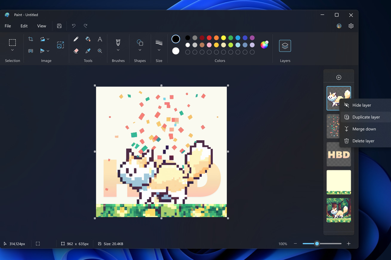 A screenshot of Microsoft Paint on Windows using a new layers feature.