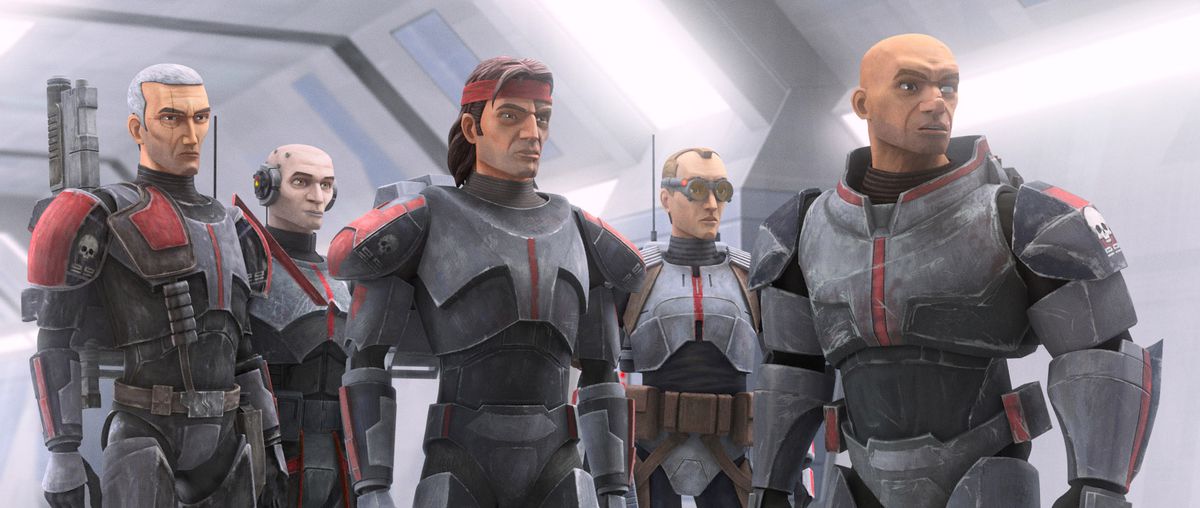 Crosshair, Echo, Hunter, Tech and Wrecker in a scene from “STAR WARS: THE BAD BATCH”,