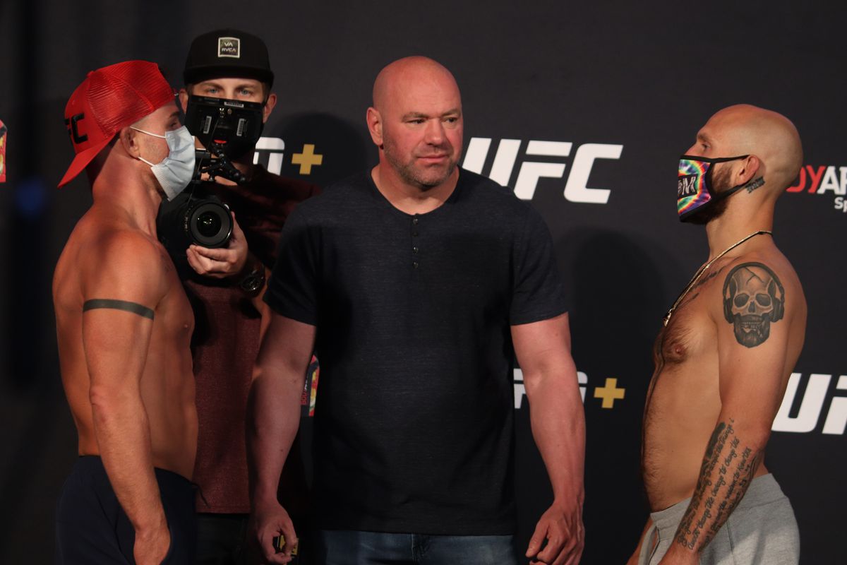 Opponents Cody Stamann and Brian Kelleher face off during the UFC 250 weigh-in at UFC APEX on Friday, Jun 5, 2020 in Las Vegas, Nevada.