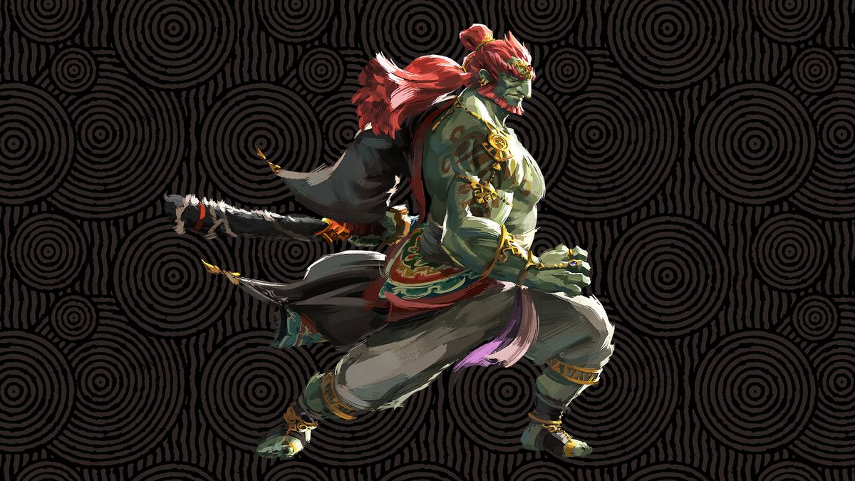 Artwork of Ganondorf from The Legend of Zelda: Tears of the Kingdom in which the enemy is posing with his hand on a sword sheath. He is shirtless, and wears flowing pants and lots of gold jewelry, his long hair tied half up in a bun. 