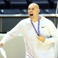 BYU basketball head coach Mark Pope yells to his players during a scrimmage during practice at the Marriott Center in Provo on Tuesday, Sept. 24, 2019.