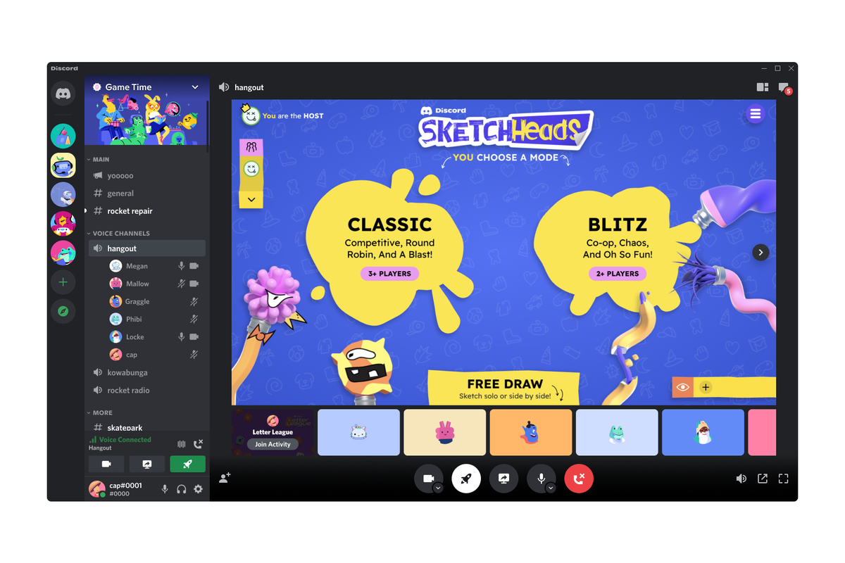 Discord - Users in voice chat host an Activity, which launches a lobby for drawing game Sketch Heads directly in the chat client for all voice chat participants to play.