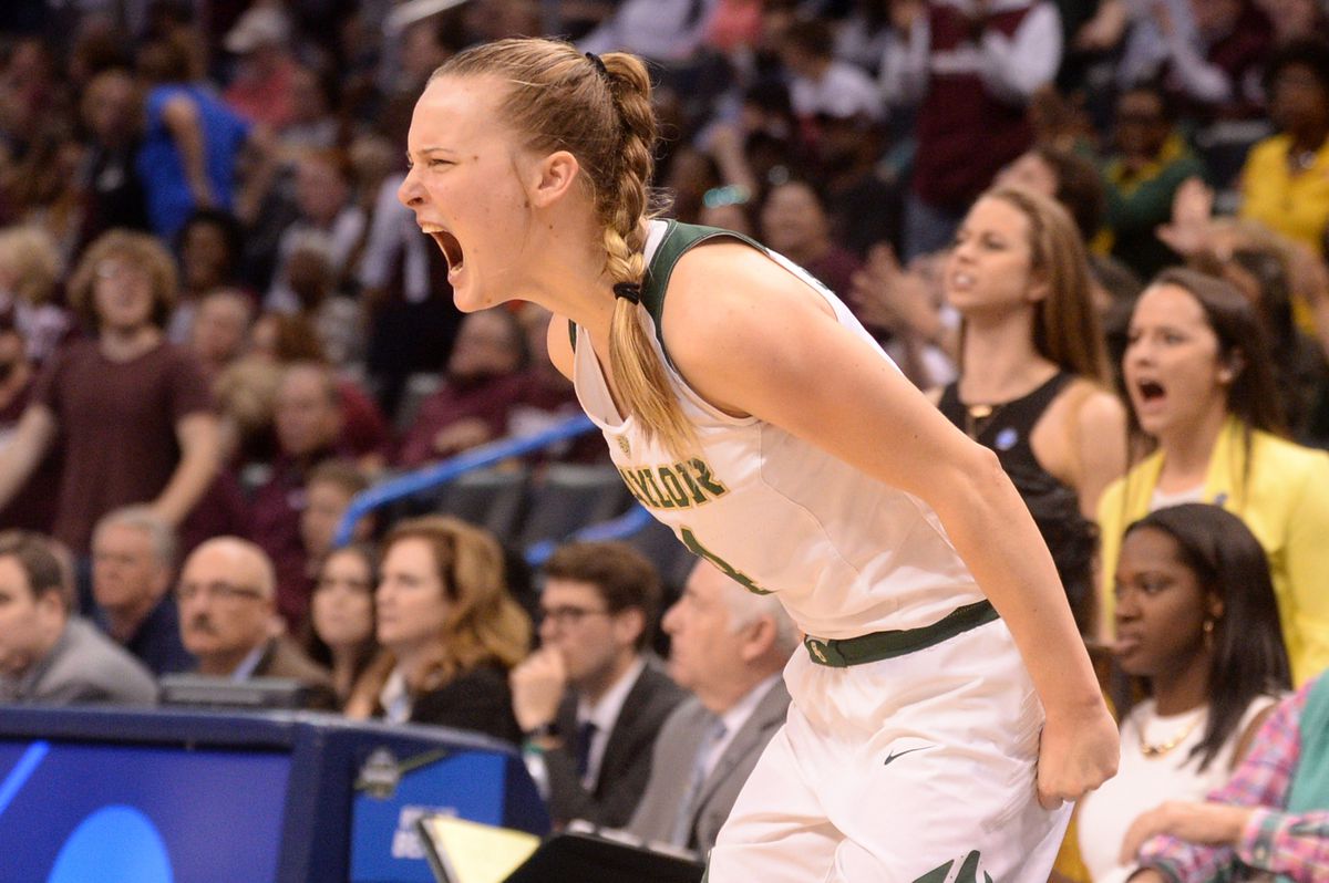 Mar 26, 2017; Oklahoma City, OK, USA; Baylor Bears guard Kristy Wallace (4) reacts after a play against the Mississippi State Lady Bulldogs during the fourth quarter in the finals of the Oklahoma City Regional of the women's 2017 NCAA Tournament at Chesapeake Energy Arena. Mandatory Credit: Mark D. Smith-USA TODAY Sports