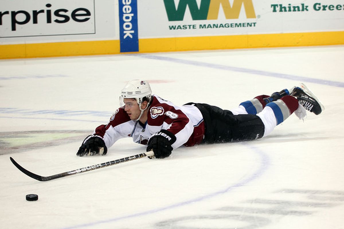 GLENDALE AZ - FEBRUARY 07: Kevin Shattenkirk #8 of the Colorado Avalanche loses the puck against the Phoenix Coyotes at the Jobing.com Arena on February 7 2011 in Glendale Arizona.  (Photo by Bruce Bennett/Getty Images)