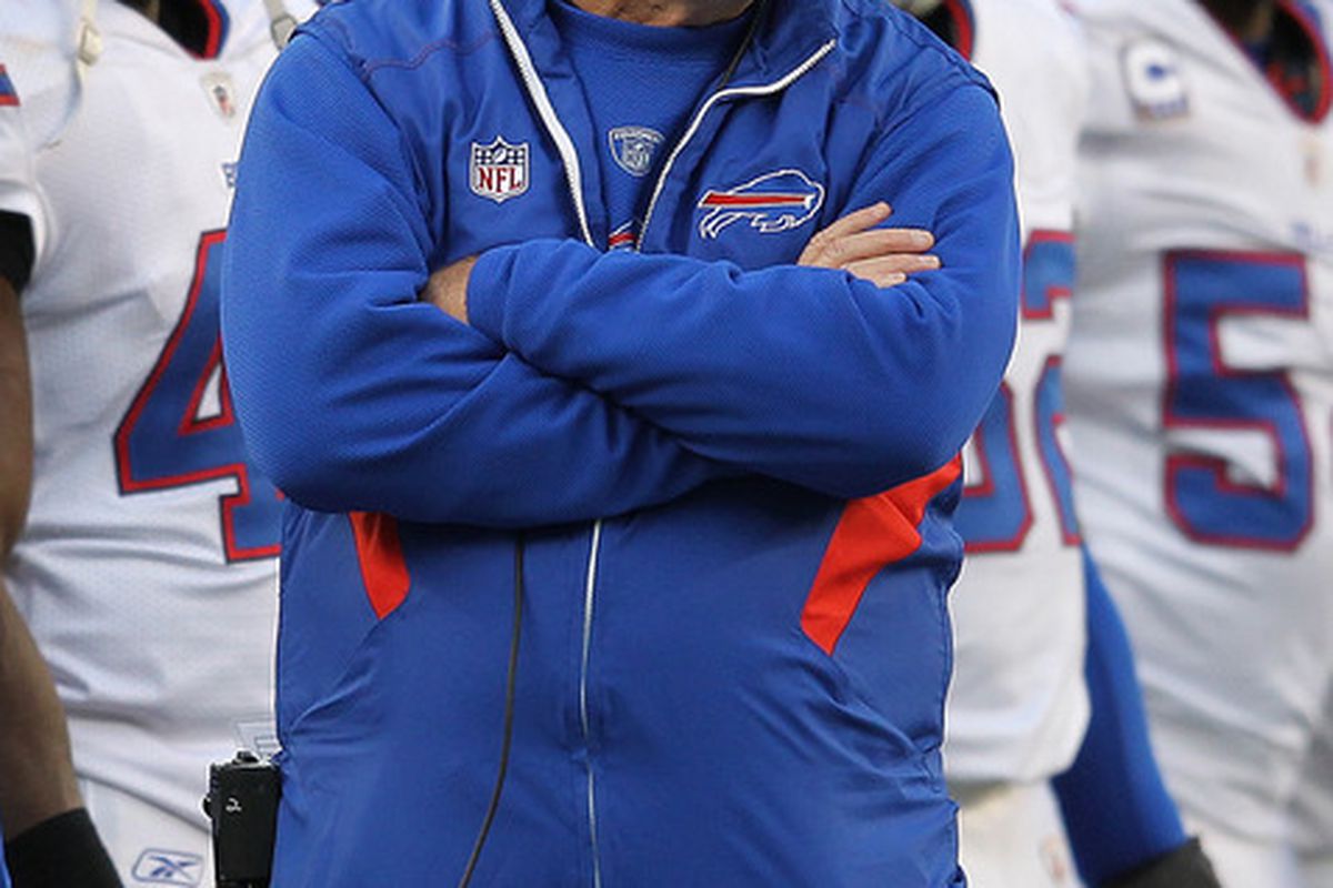 FOXBORO, MA - JANUARY 1:  Chan Gailey, coach of the Buffalo Bills paces the sidelines during a game with the New England Patriots in the second half at Gillette Stadium on January 1, 2012 in Foxboro, Massachusetts. (Photo by Jim Rogash/Getty Images)