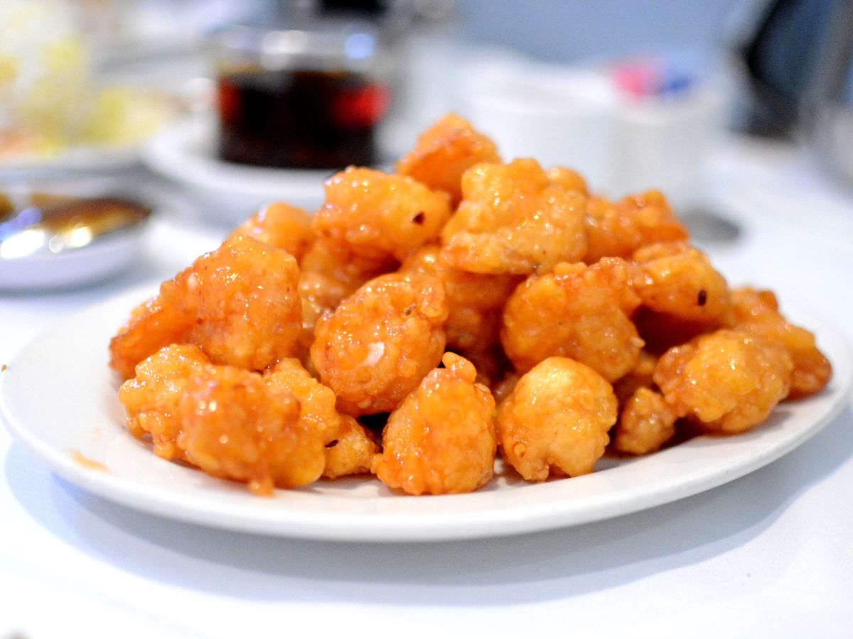 Fried Chinese shrimp at Yang Chow on a plate.