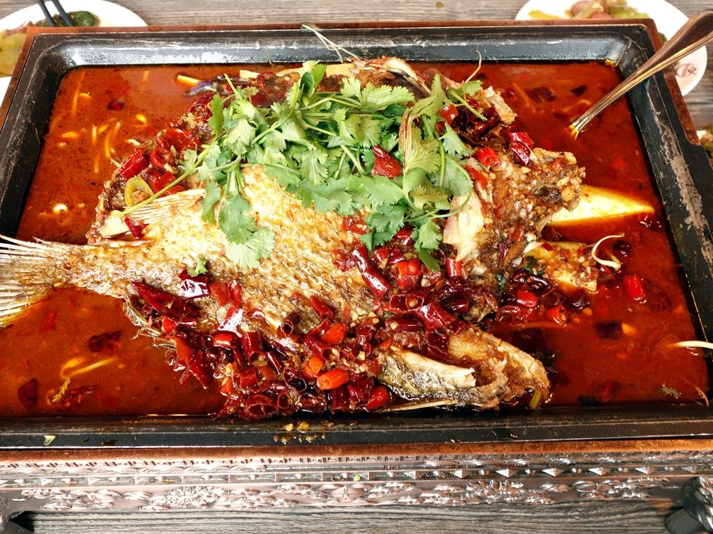 A whole grilled fish in a square container filled with chili-red broth, garnished with cilantro and more chili peppers.
