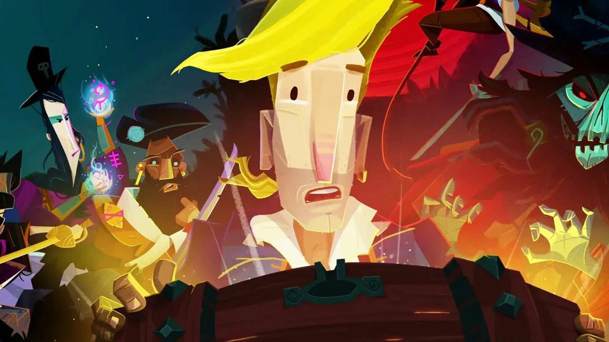 Guybrush and his cohorts look inside a treasure chest in Return to Monkey Island