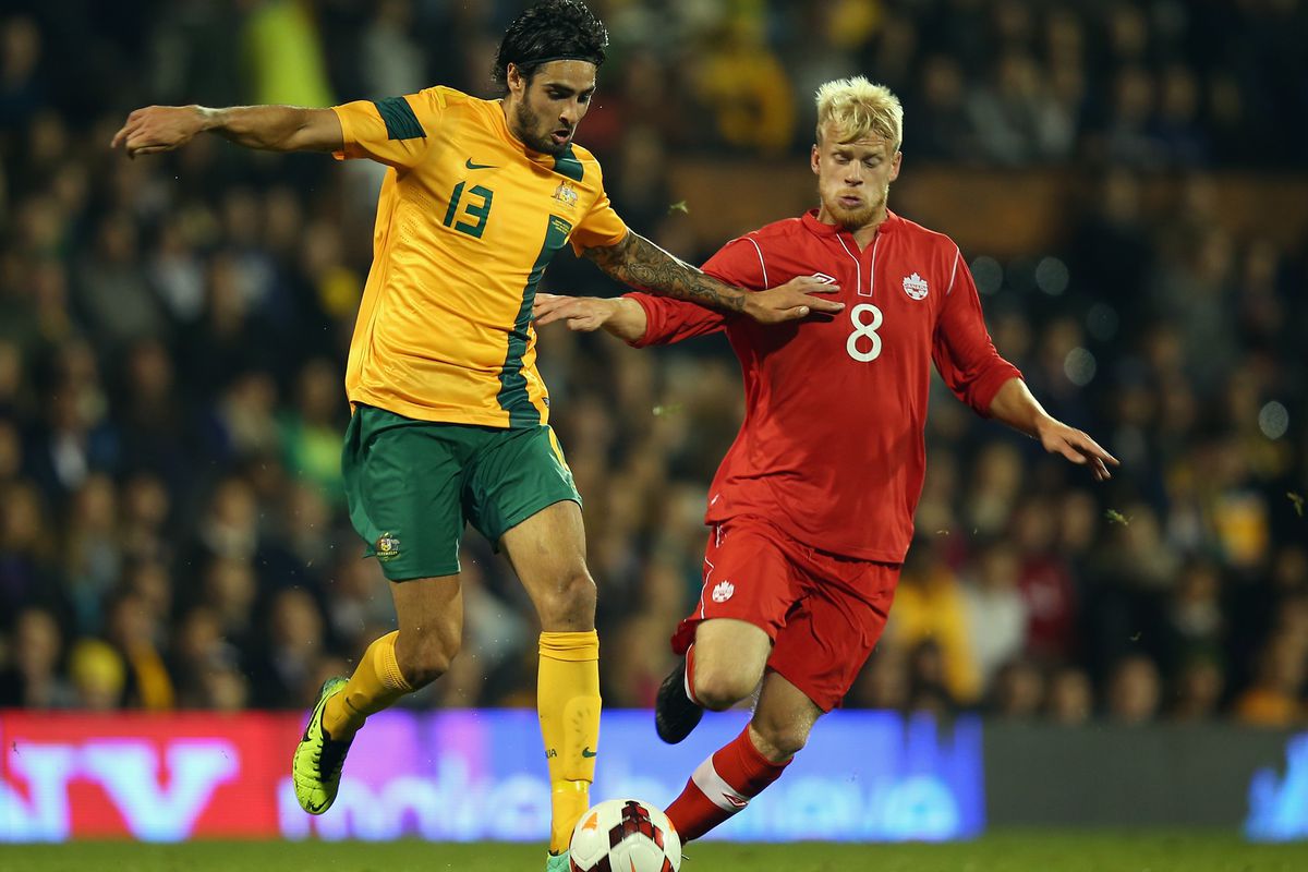 Australia's Rhys Williams (L) and Canada's Kyle Bekker (R) fight for the ball. Canada lost the match 3-0