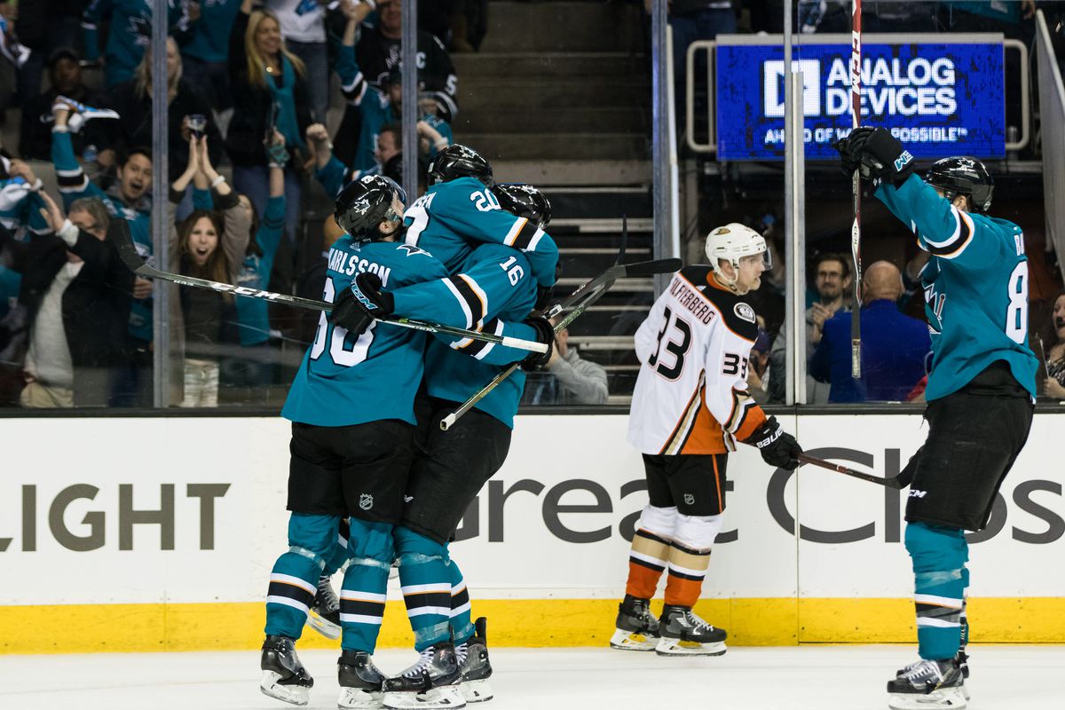 Apr 16, 2018; San Jose, CA, USA; San Jose Sharks center Eric Fehr (16)  celebrates after scoring a goal against the Anaheim Ducks in the second  period of game three of the first round of the 2018 Stanley Cup Playoffs  at SAP Center at San Jose.