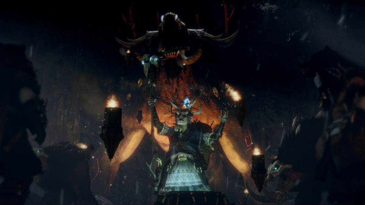 Mother Ostankya recites an Incantation in fron of an Elemental Incarnate of Beasts in Total: War Warhammer 3 Shadows of Change