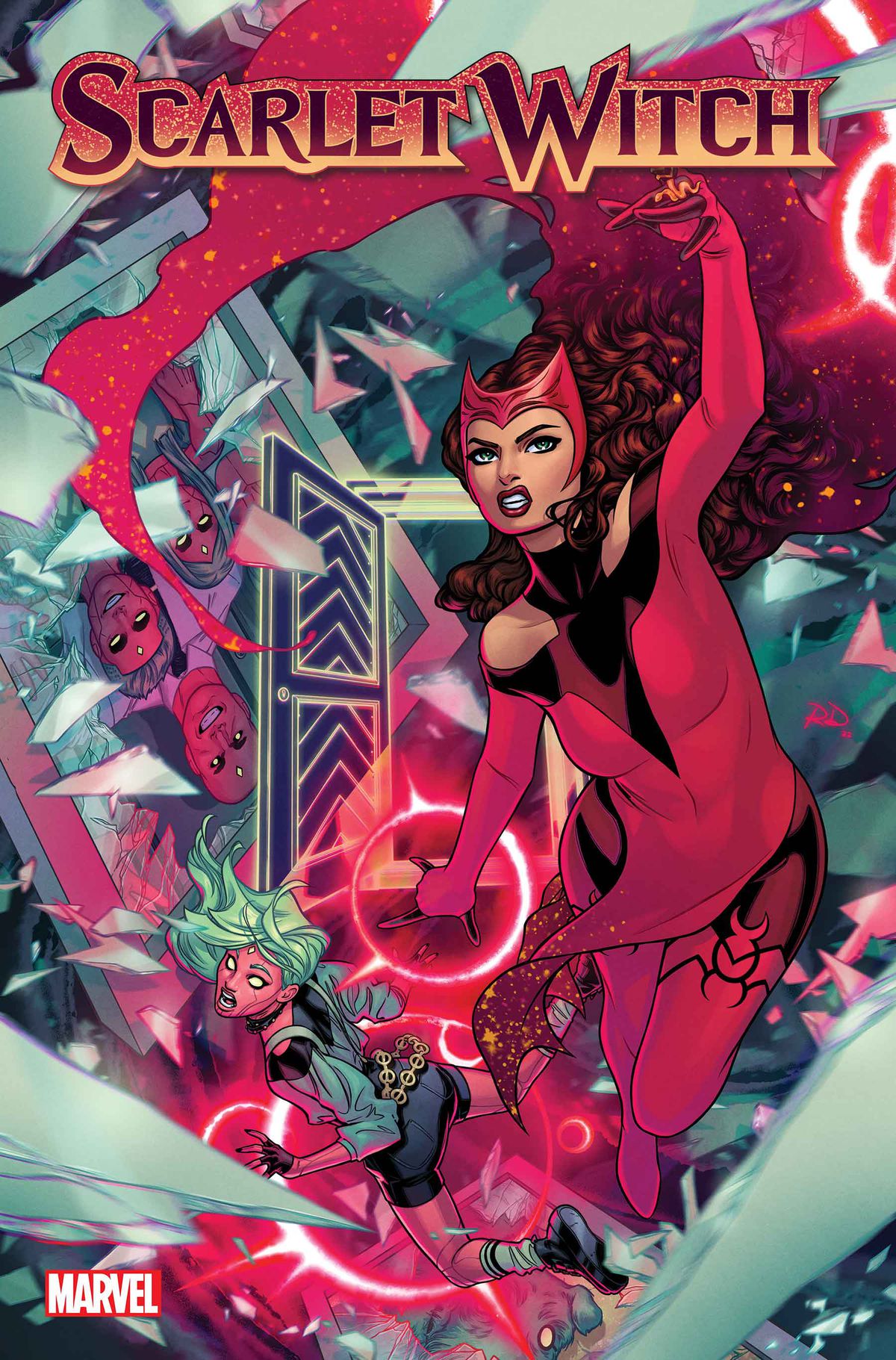 The Scarlet Witch and Viv Vision fly through a violent collage of mirror shards depicting the Vision family on the cover of Scarlet Witch #2 (2023).