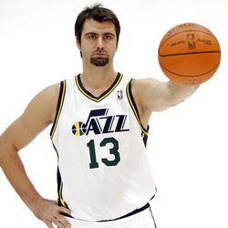 Utah Jazz center Mehmet Okur (13) in photographed  during media day at the Zions Bank basketball center in Salt Lake City  Friday, Dec. 9, 2011. 