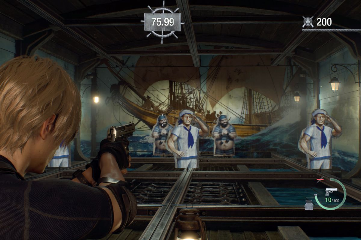 Leon S. Kennedy aims his handgun at a series of targets painted like sailors and pirates in the shooting gallery minigame from Resident Evil 4 remake