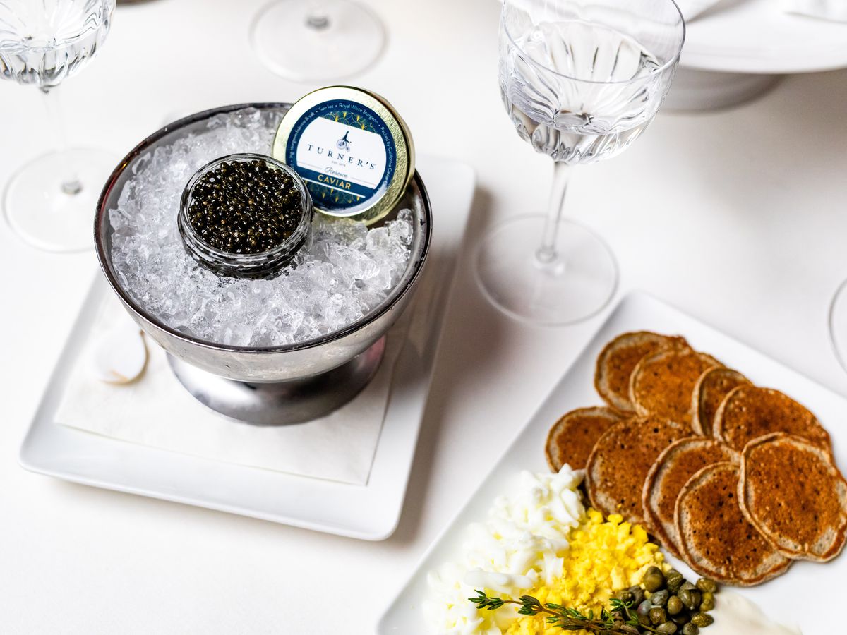 Turner’s caviar with accouterment and a taste of vodka.