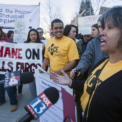 Manuela Alvarez tells her story of foreclosure as she joins protesters in chanting and calling for action against Wells Fargo Tuesday, April 23,2013, at the Grand America Hotel in Salt Lake City during the bank's annual shareholders meeting.