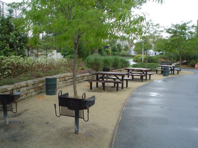 A park with benches and tables, trees, and a path.