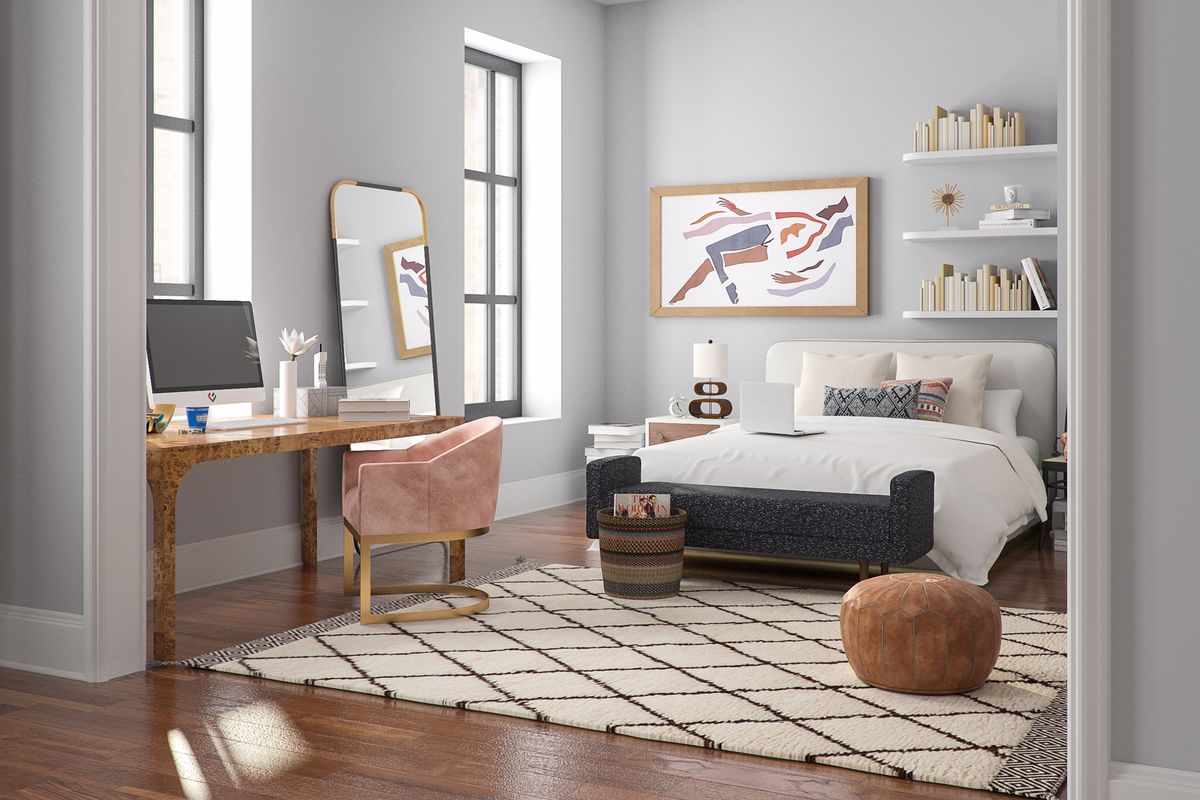 Rendering of a bedroom with a rug and artwork on the walls.