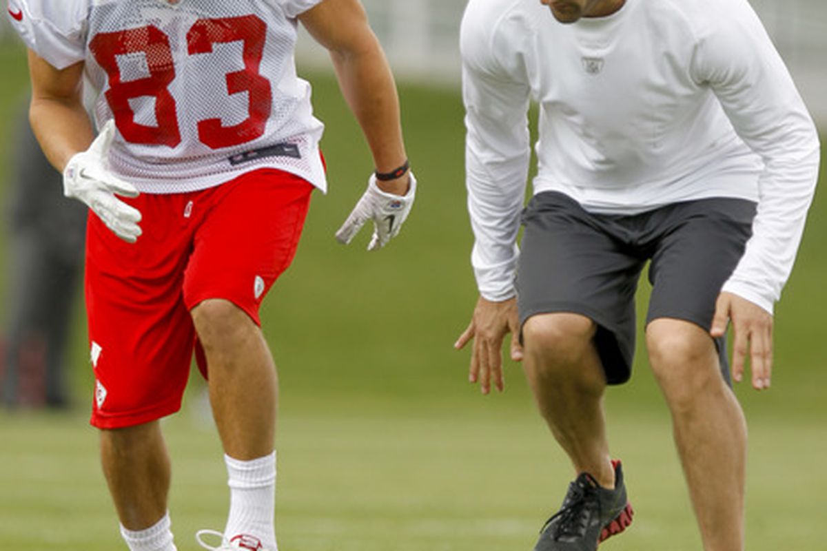 KANSAS CITY, MO - May 13:  Devon Wylie #83 of the Kansas City Chiefs works with a wide receivers coach during the Kansas City Chiefs Minicamp on May 13, 2012 at the Chiefs Training Facility in Kansas City, Missouri. (Photo by Kyle Rivas/Getty Images)