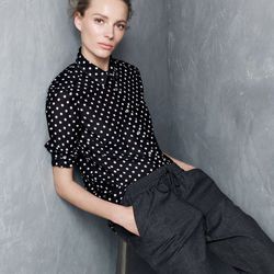 The polka-dot voile shirt and drapey wool sweatpant