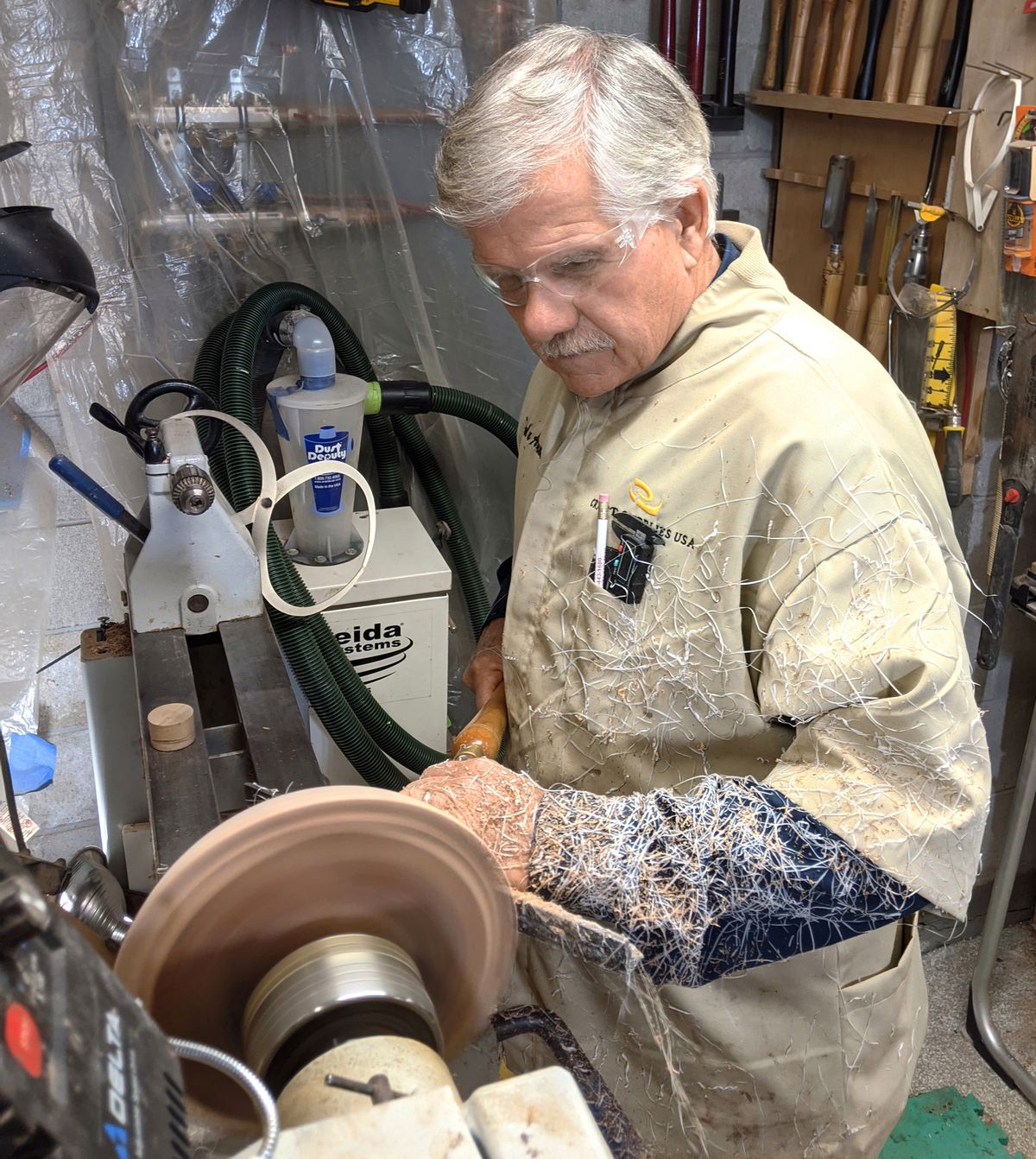 Spring 2021, Around the House, Tom Silva turning a lathe to make a wooden bowl
