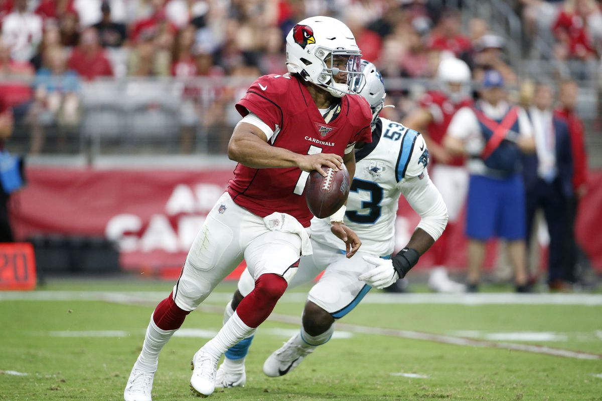 Kyler Murray of the Arizona Cardinals scrambles out of the pocket against the Carolina Panthers during the first half of the NFL football game at State Farm Stadium on September 22, 2019 in Glendale, Arizona.