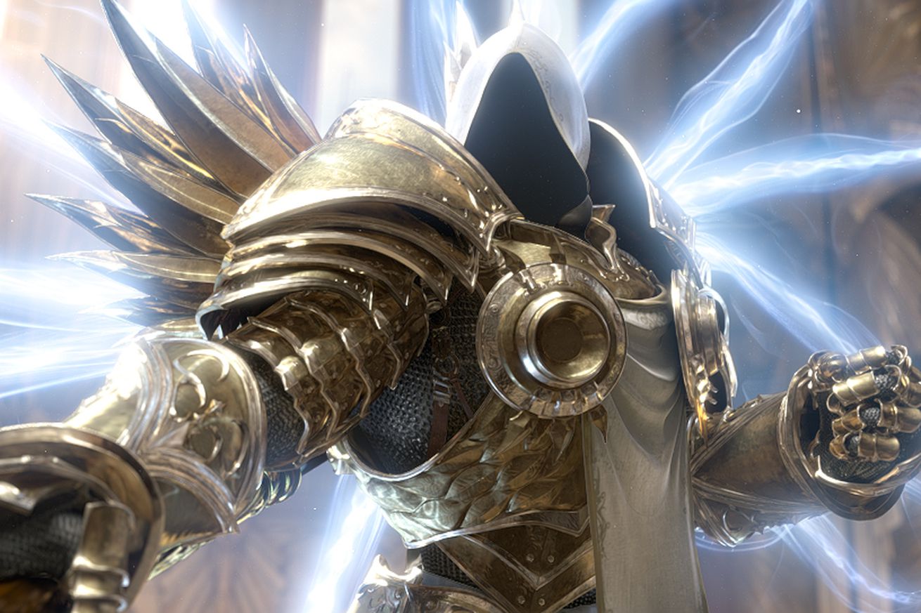 Promotional image from Diablo IV featuring a golden armored angel with a white hood obscuring their face with spectral white wings