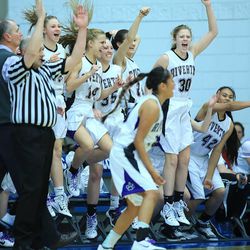 Riverton's bench celebrates after a 3-pointer late in the game with Viewmont Wednesday, Feb. 18, 2015, in 5A State quarterfinal action at Salt Lake Community College in Taylorsville.