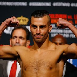 NEW YORK, NY - OCTOBER 16: David Lemieux weighs in for his WBA/WBC interim/IBF middleweight title unification bout against Gennady Golovkin at Madison Square Garden on October 16, 2015 in New York City.