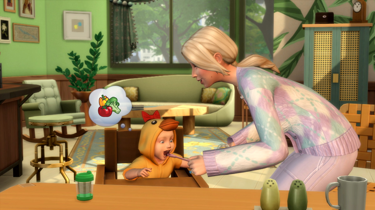 A mother sim spoon-feeding a young Sim who is sitting in a high chair.