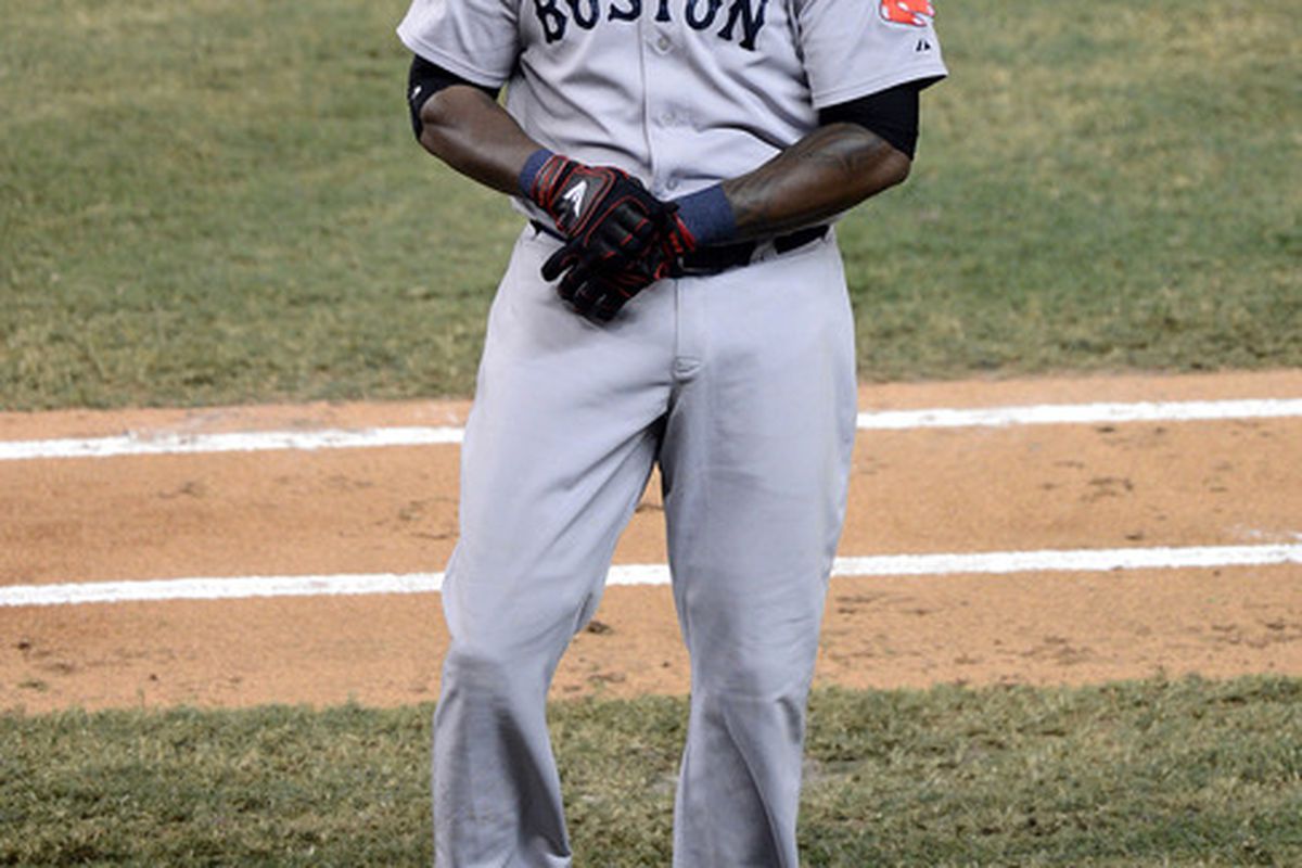 June 11, 2012; Miami, FL, USA; Boston Red Sox first baseman David Ortiz (34) reacts after popping out during the sixth inning against the Miami Marlins at Marlins Park. Mandatory Credit: Steve Mitchell-US PRESSWIRE