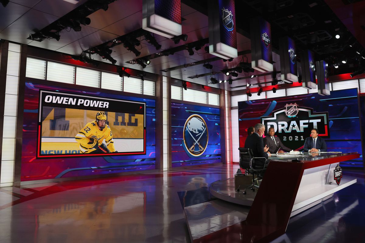 With the first pick in the 2021 NHL Entry Draft, the Buffalo Sabres select Owen Power during the first round of the 2021 NHL Entry Draft at the NHL Network studios on July 23, 2021 in Secaucus, New Jersey.