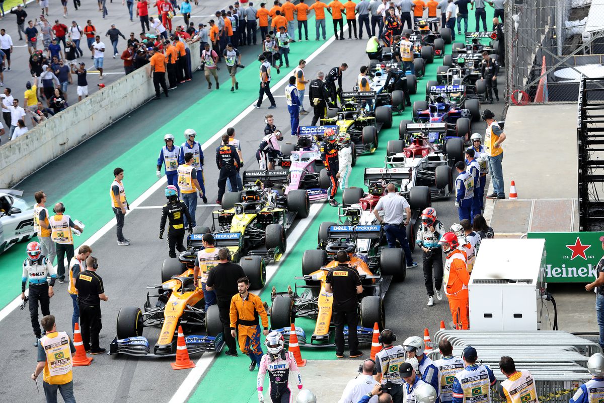 A general view of parc ferme after the F1 Grand Prix of Brazil at Autodromo Jose Carlos Pace on November 17, 2019 in Sao Paulo, Brazil.
