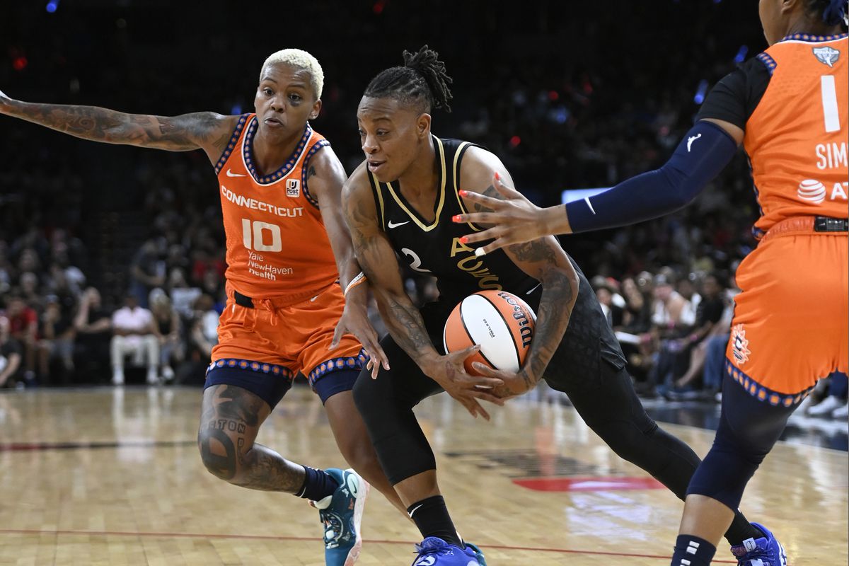 Riquna Williams #2 of the Las Vegas Aces drives to the basket during the game against the Connecticut Sun during Game 1 of the 2022 WNBA Finals on September 11, 2022 at Michelob ULTRA Arena in Las Vegas, Nevada.