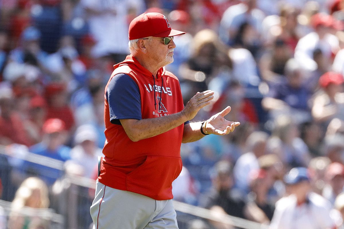 Joe Maddon #70 of the Los Angeles Angels reacts during the fifth inning against the Philadelphia Phillies at Citizens Bank Park on June 05, 2022 in Philadelphia, Pennsylvania.