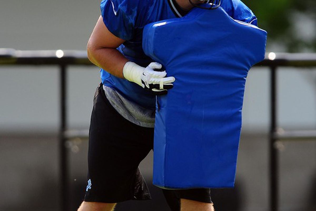 May 21, 2012; Allen Park, MI, USA; Detroit Lions tackle Riley Reiff (71) during organized team activities at Detroit Lions training facility. Mandatory Credit: Andrew Weber-US PRESSWIRE
