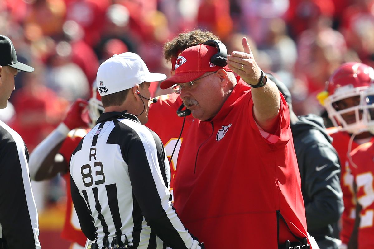 Kansas City Chiefs head coach Andy Reid argues with referee Shawn Hochuli (83) after a pass interference call was reversed by the officials in the second quarter of an NFL matchup between the Houston Texans and Kansas City Chiefs on October 13, 2019 at Arrowhead Stadium in Kansas City, MO. The play resulted in quarterback Patrick Mahomes (15) first interception of the year.