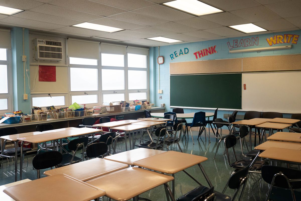 An empty classroom at Dr. Martin Luther King, Junior Academy of Social Justice in Englewood. 