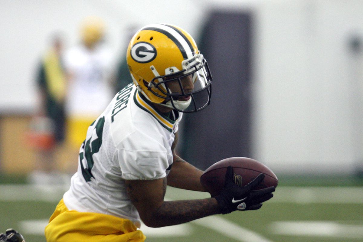 May 11, 2012; Green Bay, WI, USA; Green Bay Packers rookie wide receiver Diondre Borel (19) takes in a pass during the Green Bay Packers Mini-Camp at the Don Hutson Center. Mandatory Credit: Mary Langenfeld-US PRESSWIRE