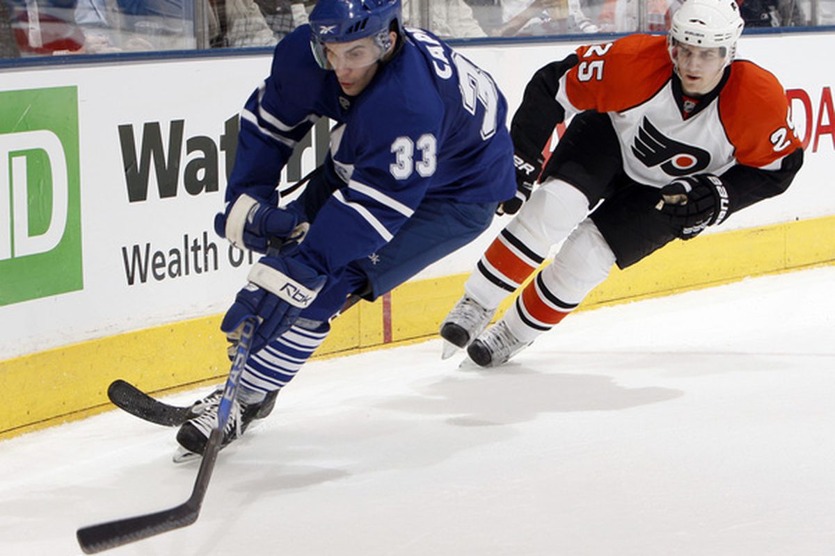 TORONTO - APRIL 6: Luca Caputi #33 of the Toronto Maple Leafs gets away from Matt Carle #25 of the Philadelphia Flyers during an NHL game at the Air Canada Centre April 6, 2010 in Toronto, Ontario, Canada. (Photo by Abelimages/Getty Images)