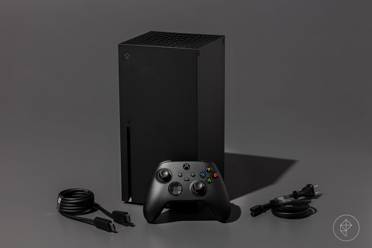Xbox Series X video game console photographed on a dark gray background