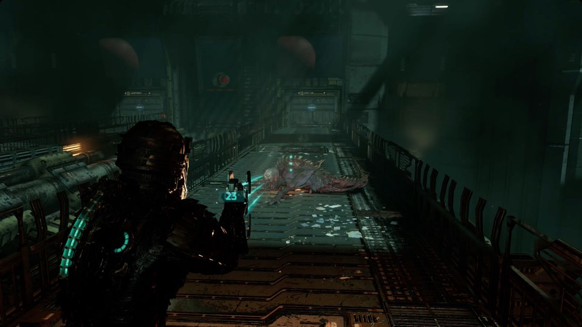 Dead Space Isaac aiming at a new Phantom Necromorph Leaper in the Hangar.