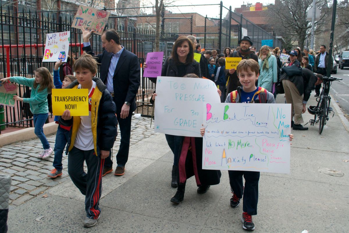 In April, students, parents, and teachers marched outside P.S. 87 shouting "Show us the test."