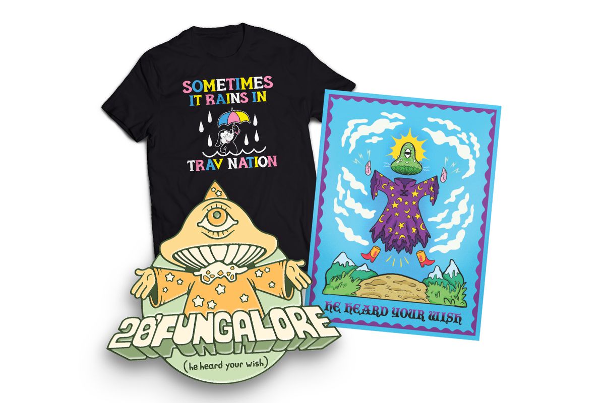 The February McElroy merch items. On the left is a black tee shirt with a cartoon dog holding an umbrella with white raindrops in the center. In colorful text above and below it says, “Sometimes it rains in Trav Nation.” To the right is a bright blue poster with a curvy purple border. In the center is a floating mushroom wizard wearing a purple robe. At the bottom it says, “he heard your wish.”